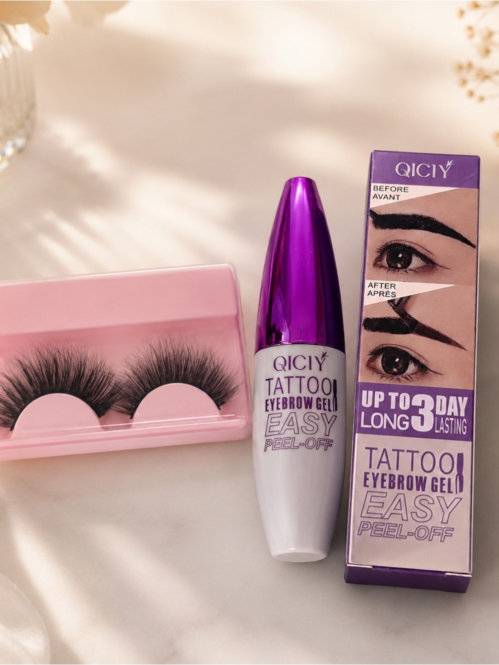 QICIY Tattoo Eyebrow Gel Peel-Off + False Eyelashes Beauty Set New